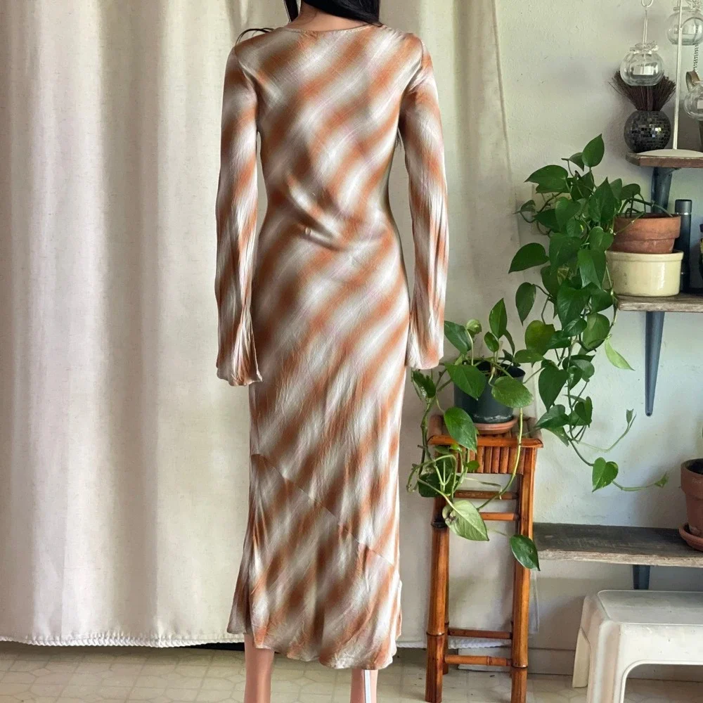 ASOS DESIGN Brown Plaid Tie Front Long Sleeve Maxi Dress Grunge Cottagecore 2